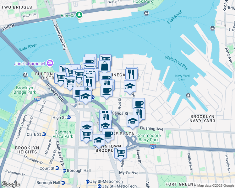 map of restaurants, bars, coffee shops, grocery stores, and more near 104 Gold Street in Brooklyn