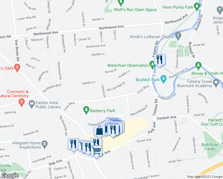 map of restaurants, bars, coffee shops, grocery stores, and more near Old Carriage Drive in Easton