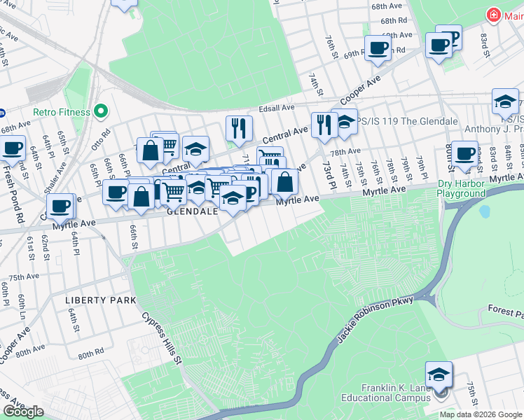 map of restaurants, bars, coffee shops, grocery stores, and more near 73-35 71st Street in Queens