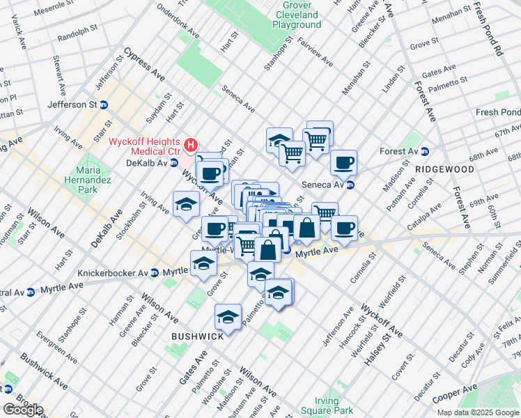 map of restaurants, bars, coffee shops, grocery stores, and more near 401 Linden Street in Brooklyn