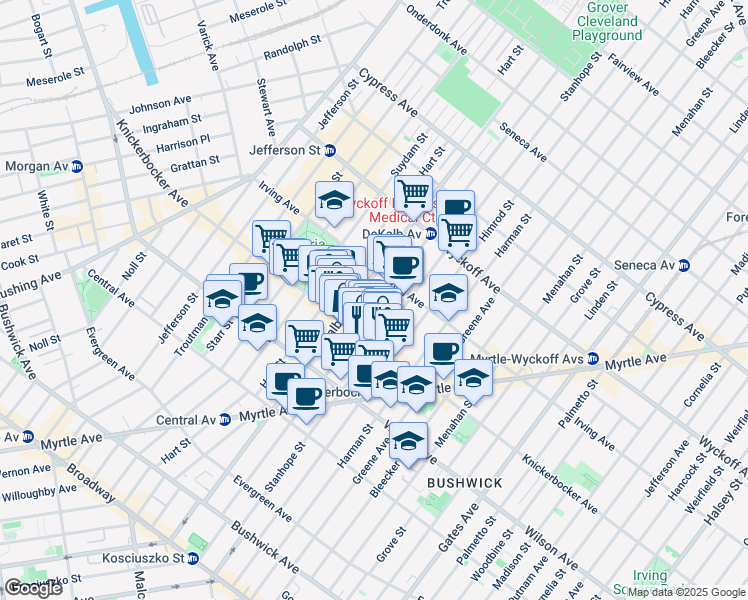 map of restaurants, bars, coffee shops, grocery stores, and more near 355 Knickerbocker Avenue in Brooklyn