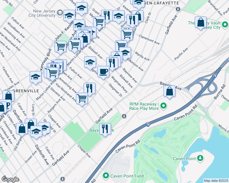 map of restaurants, bars, coffee shops, grocery stores, and more near 17 Bayside Place in Jersey City