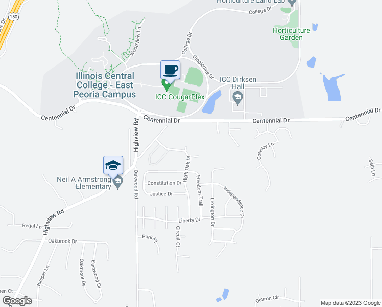 map of restaurants, bars, coffee shops, grocery stores, and more near 101 Wood Court in East Peoria