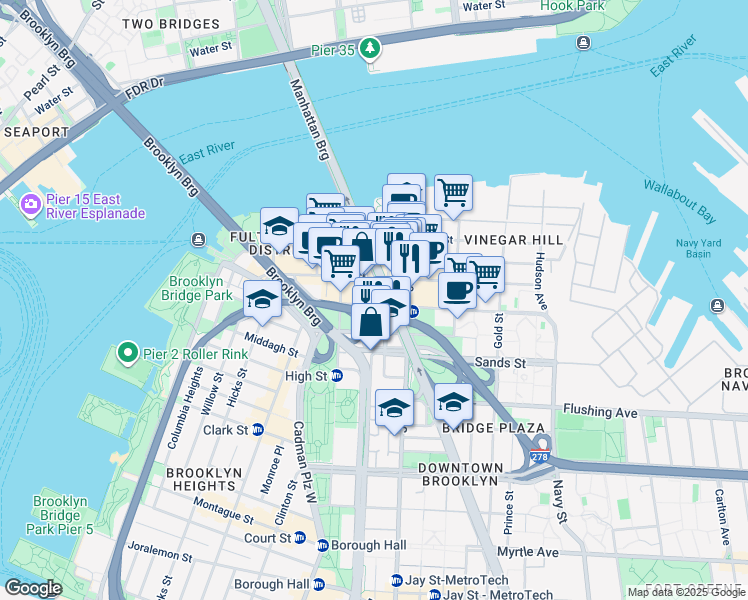 map of restaurants, bars, coffee shops, grocery stores, and more near 85 Adams Street in Brooklyn