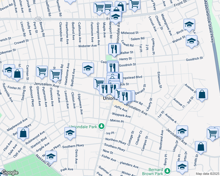 map of restaurants, bars, coffee shops, grocery stores, and more near in Uniondale