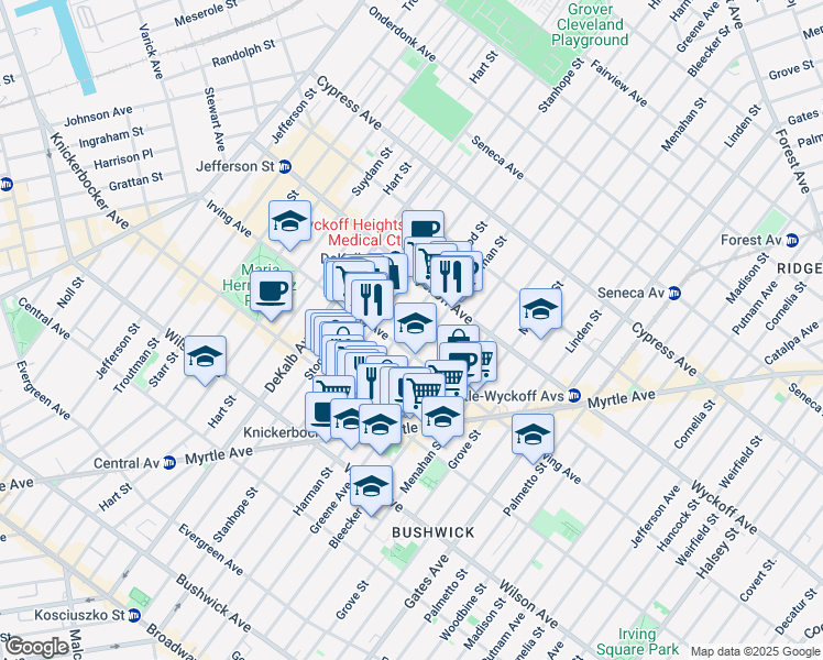 map of restaurants, bars, coffee shops, grocery stores, and more near 316 Himrod Street in Brooklyn