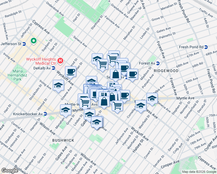 map of restaurants, bars, coffee shops, grocery stores, and more near 310 Saint Nicholas Avenue in Brooklyn