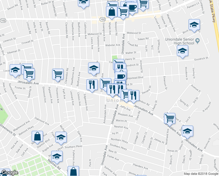 map of restaurants, bars, coffee shops, grocery stores, and more near 545 Maple Avenue in Uniondale