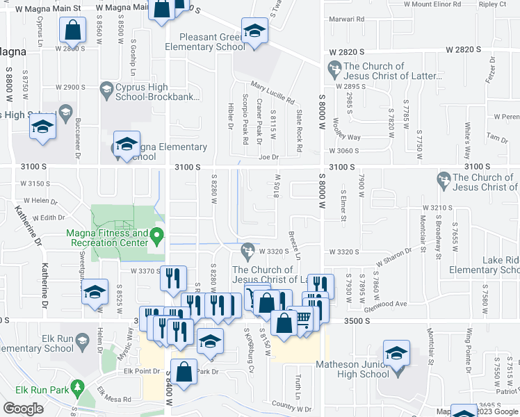 map of restaurants, bars, coffee shops, grocery stores, and more near 8146 Marcy Brook Place South in Magna