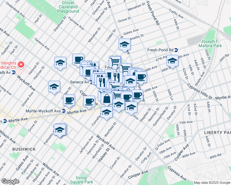 map of restaurants, bars, coffee shops, grocery stores, and more near 792 Onderdonk Avenue in Queens