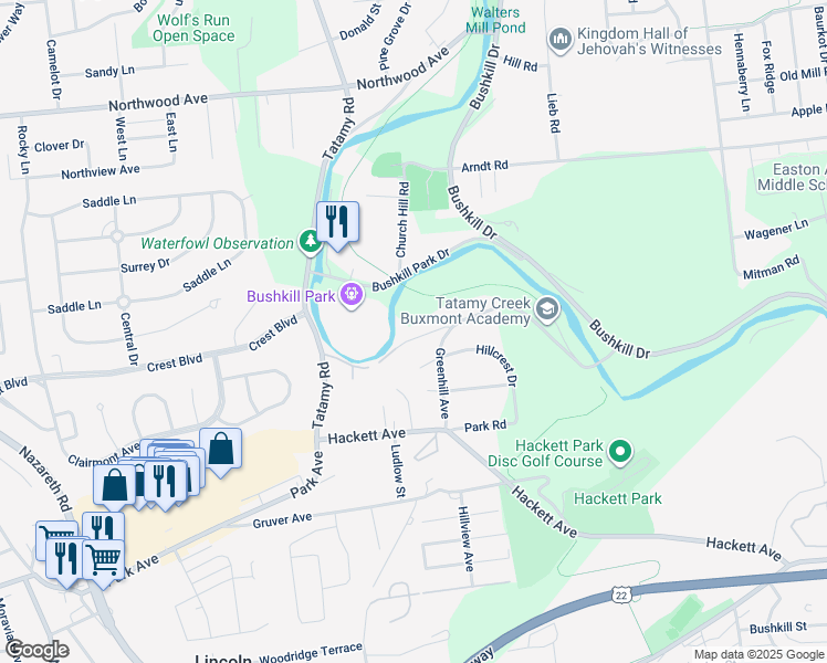 map of restaurants, bars, coffee shops, grocery stores, and more near 2219 Edgewood Avenue in Easton