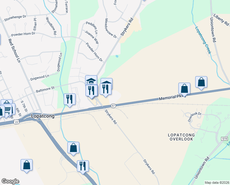 map of restaurants, bars, coffee shops, grocery stores, and more near 263 New Jersey 57 in Phillipsburg