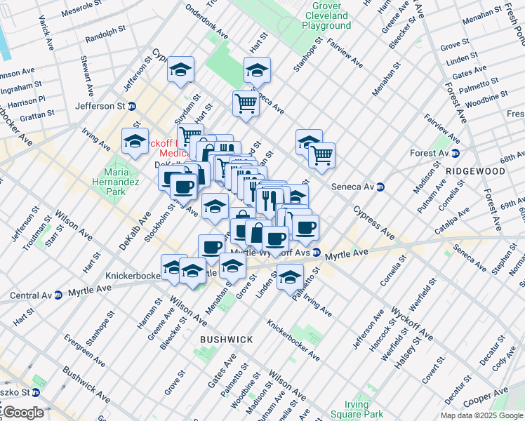 map of restaurants, bars, coffee shops, grocery stores, and more near 1455 Greene Avenue in Brooklyn