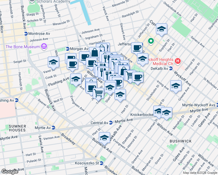 map of restaurants, bars, coffee shops, grocery stores, and more near Wilson Ave & Troutman St in Brooklyn