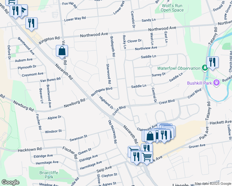 map of restaurants, bars, coffee shops, grocery stores, and more near 21 Northgate Boulevard in Easton