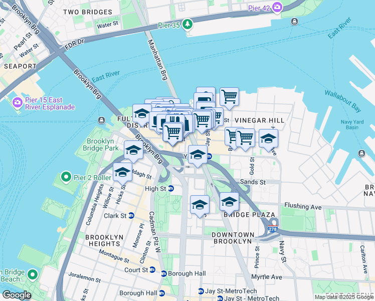 map of restaurants, bars, coffee shops, grocery stores, and more near 68 Jay Street in Brooklyn