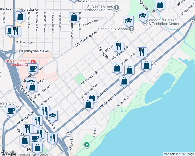 map of restaurants, bars, coffee shops, grocery stores, and more near 1106 Northeast Monroe Street in Peoria
