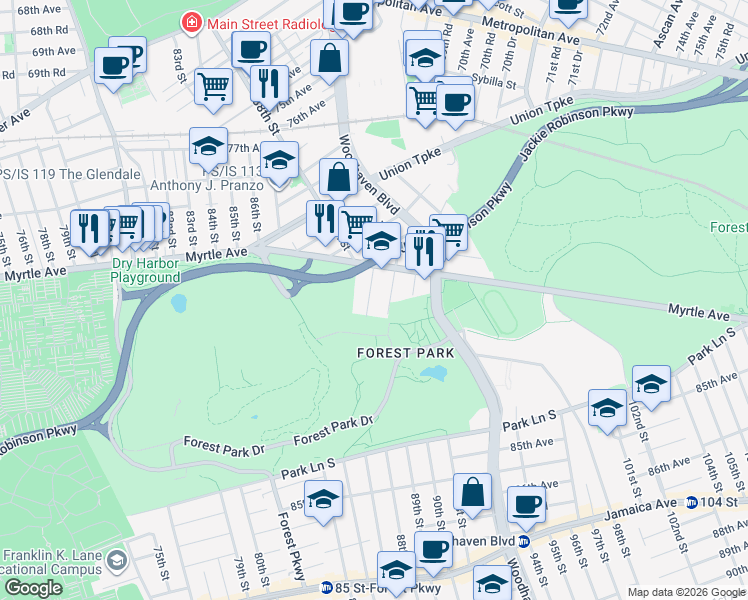 map of restaurants, bars, coffee shops, grocery stores, and more near 82-54 88th Place in Queens