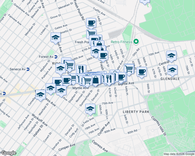 map of restaurants, bars, coffee shops, grocery stores, and more near 60-83 70th Avenue in Queens