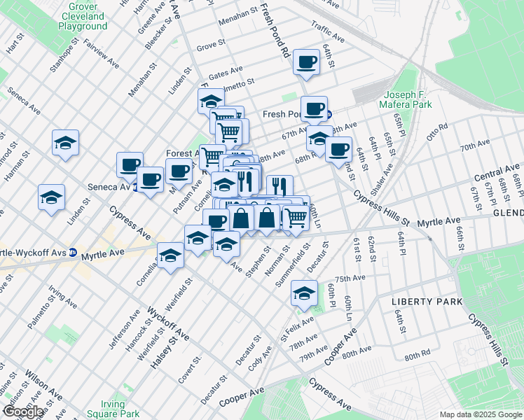 map of restaurants, bars, coffee shops, grocery stores, and more near 68-59 Forest Avenue in Queens