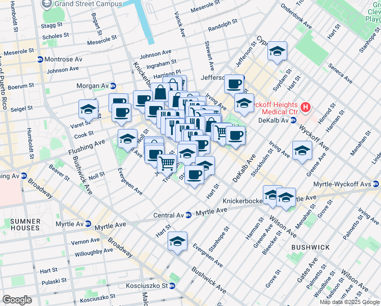 map of restaurants, bars, coffee shops, grocery stores, and more near 236 Jefferson Street in Brooklyn
