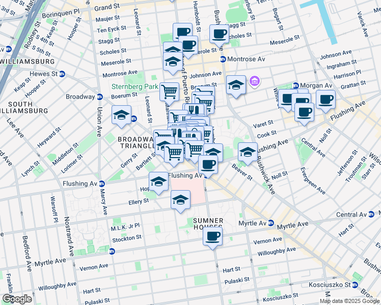 map of restaurants, bars, coffee shops, grocery stores, and more near 44 Varet Street in Brooklyn