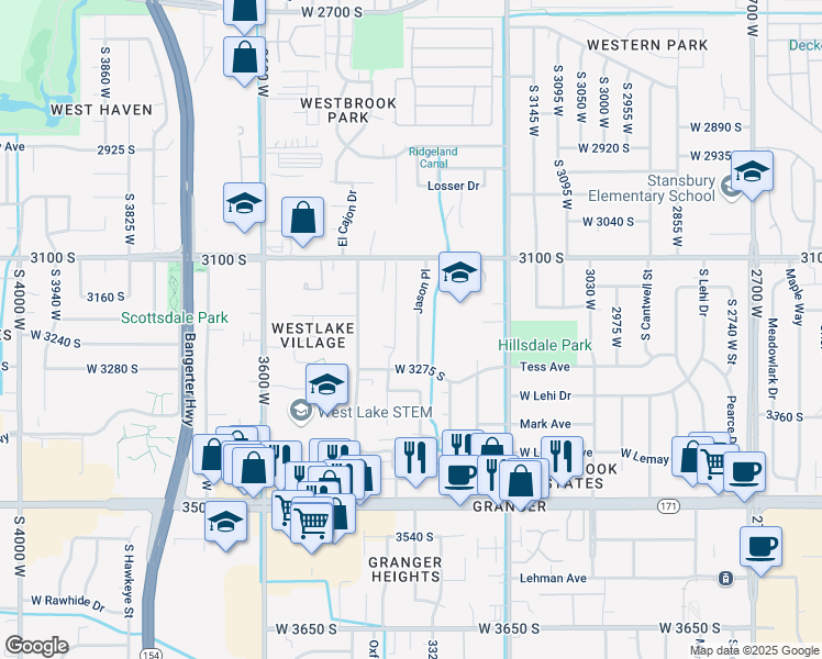 map of restaurants, bars, coffee shops, grocery stores, and more near 3214 Jason Place in West Valley City