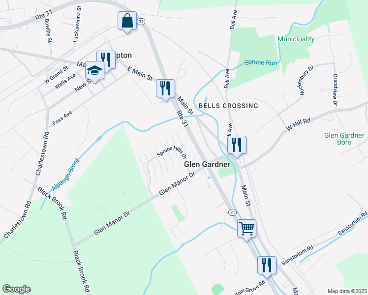map of restaurants, bars, coffee shops, grocery stores, and more near 102 Spruce Hills Drive in Glen Gardner
