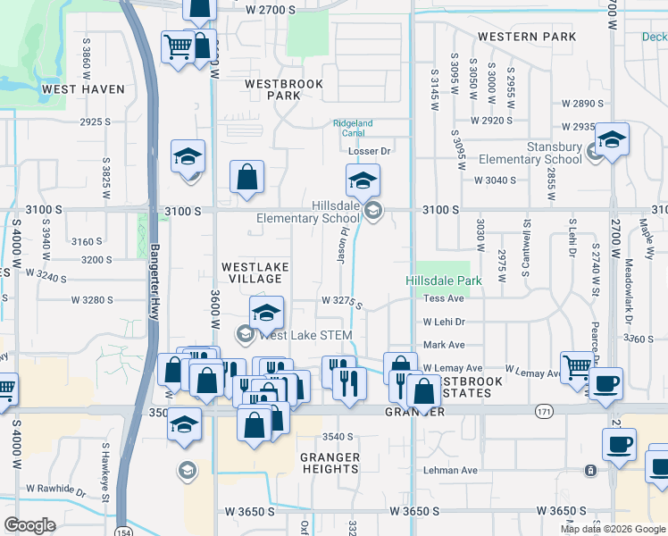 map of restaurants, bars, coffee shops, grocery stores, and more near 3214 Jason Place in West Valley City