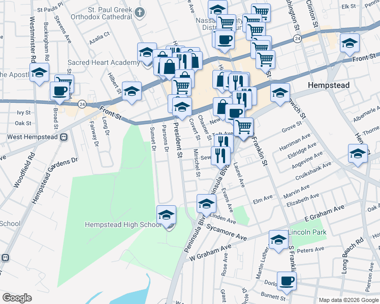 map of restaurants, bars, coffee shops, grocery stores, and more near 28 Taft Avenue in Hempstead