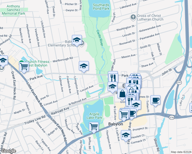 map of restaurants, bars, coffee shops, grocery stores, and more near 134 Park Avenue in Babylon