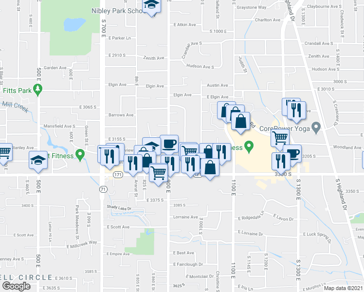 map of restaurants, bars, coffee shops, grocery stores, and more near 3139 South 945 East in Salt Lake City