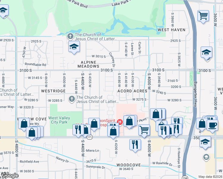 map of restaurants, bars, coffee shops, grocery stores, and more near 3183 Eastcrest Road in West Valley City