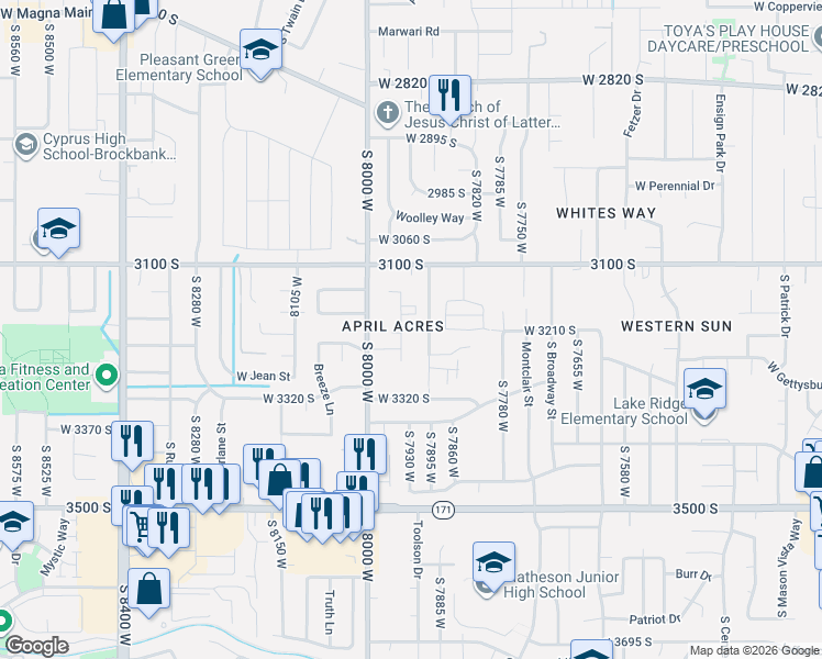 map of restaurants, bars, coffee shops, grocery stores, and more near 3186 7900 West in Magna