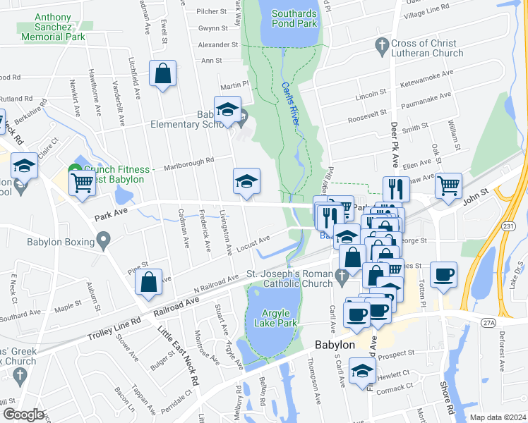 map of restaurants, bars, coffee shops, grocery stores, and more near 169 Park Avenue in Babylon