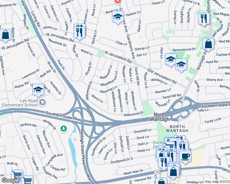 map of restaurants, bars, coffee shops, grocery stores, and more near 37 Weaving Lane in Wantagh