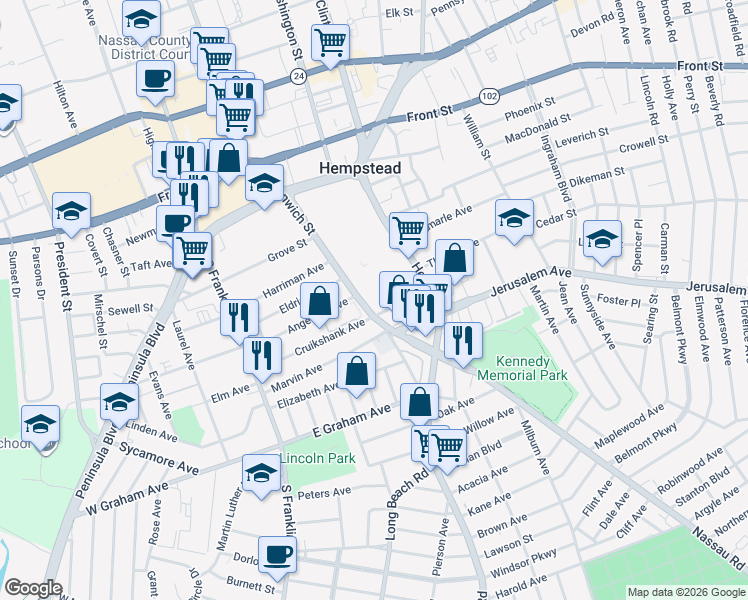 map of restaurants, bars, coffee shops, grocery stores, and more near 120 Greenwich Street in Hempstead