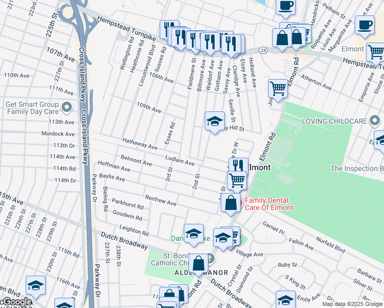 map of restaurants, bars, coffee shops, grocery stores, and more near 206 Fieldmere Street in Elmont
