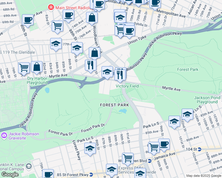 map of restaurants, bars, coffee shops, grocery stores, and more near 88-48 Myrtle Avenue in Queens