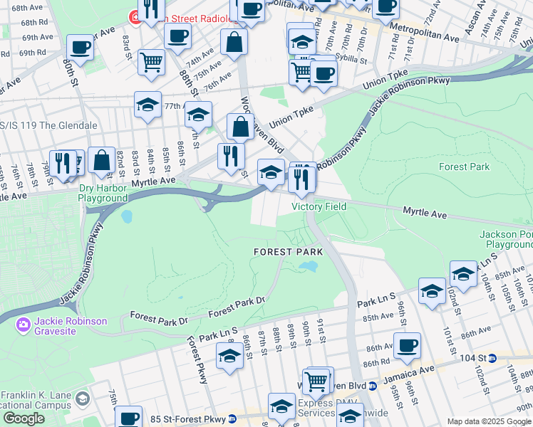 map of restaurants, bars, coffee shops, grocery stores, and more near 82-54 88th Place in Queens
