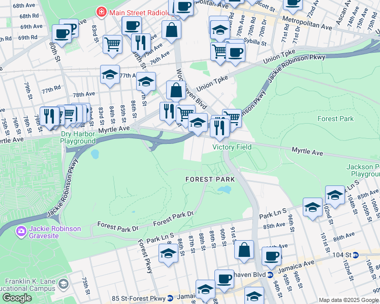 map of restaurants, bars, coffee shops, grocery stores, and more near 82-54 88th Place in Queens