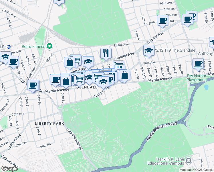 map of restaurants, bars, coffee shops, grocery stores, and more near in Queens