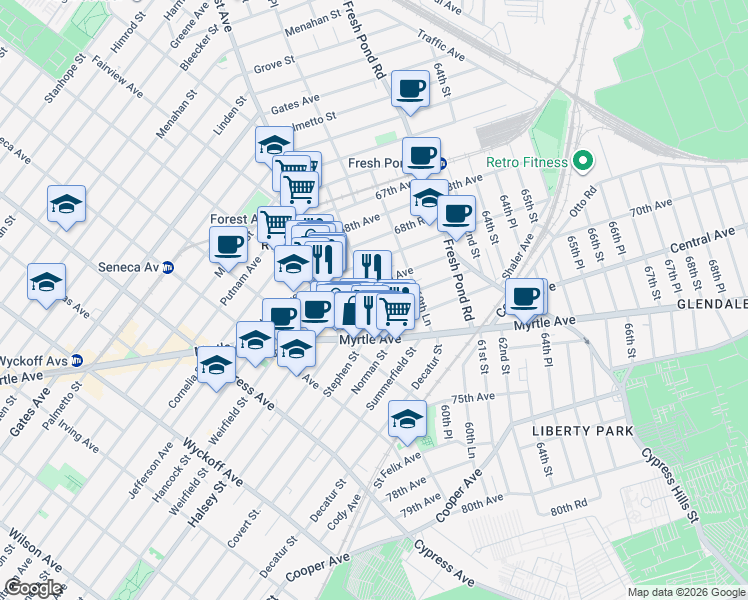 map of restaurants, bars, coffee shops, grocery stores, and more near 60-07 69th Avenue in Queens