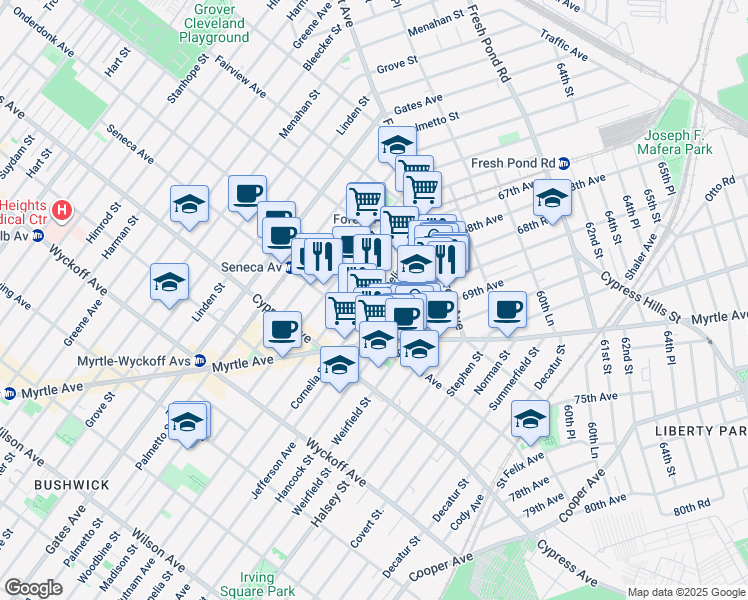 map of restaurants, bars, coffee shops, grocery stores, and more near 18-67 Cornelia Street in Queens