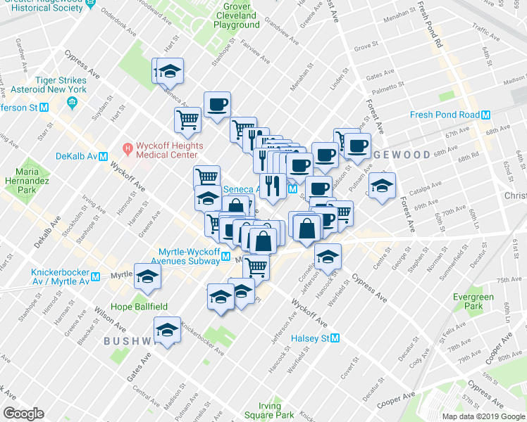 map of restaurants, bars, coffee shops, grocery stores, and more near 17-07 Gates Avenue in Queens