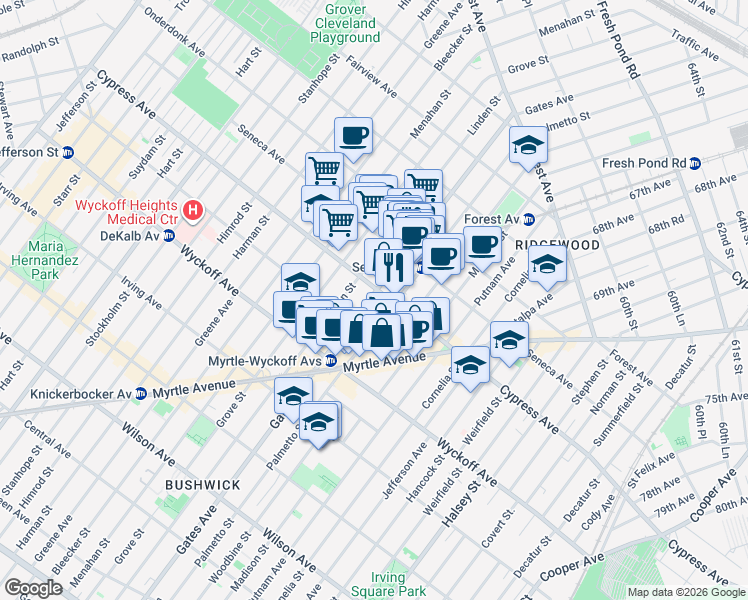 map of restaurants, bars, coffee shops, grocery stores, and more near 17-07 Gates Avenue in Queens