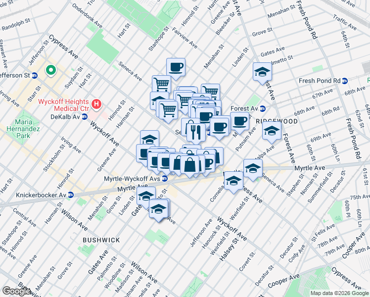 map of restaurants, bars, coffee shops, grocery stores, and more near 17-07 Gates Avenue in Queens