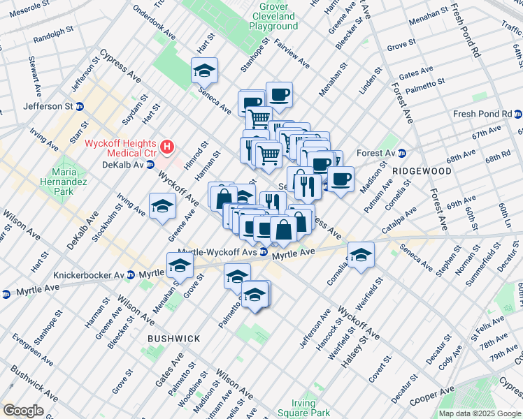 map of restaurants, bars, coffee shops, grocery stores, and more near 16-82 Grove Street in Queens