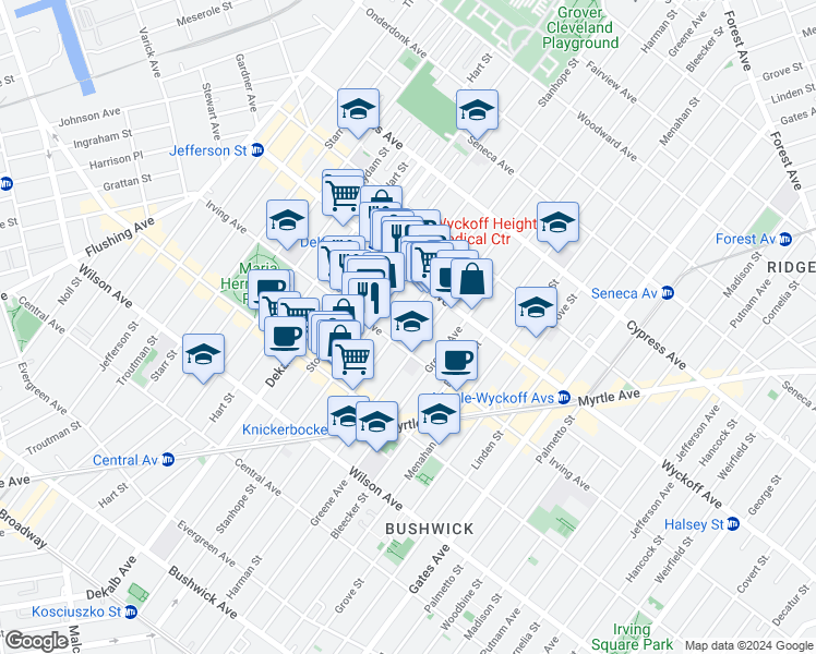 map of restaurants, bars, coffee shops, grocery stores, and more near 300 Stanhope Street in Brooklyn