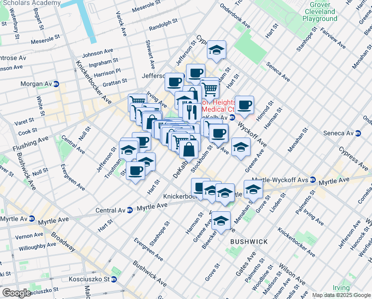 map of restaurants, bars, coffee shops, grocery stores, and more near 288 Suydam Street in Brooklyn